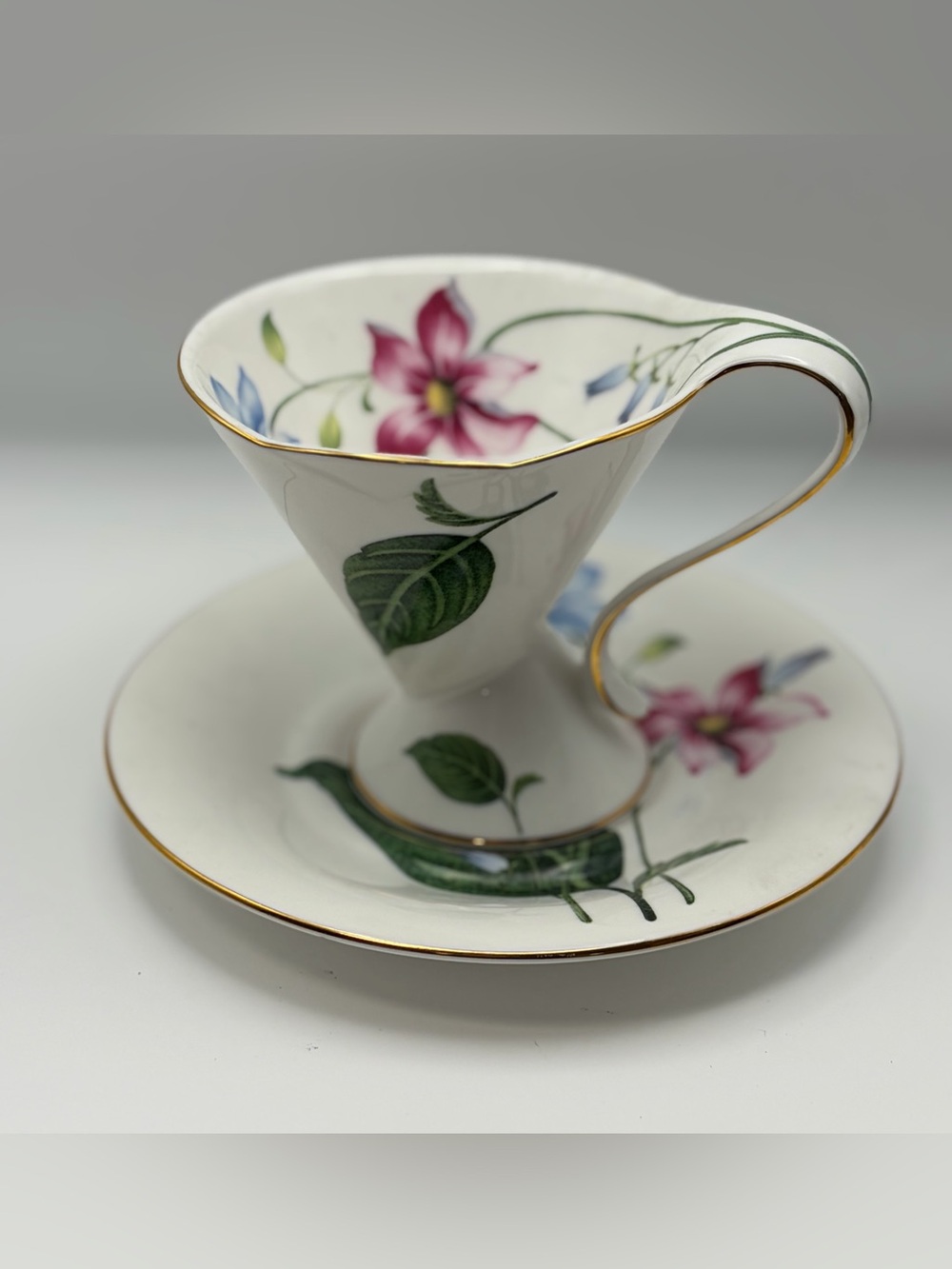 Vintage BL Collection Studio Porcelain Pedestal Teacup & Saucer Floral Gold Rim